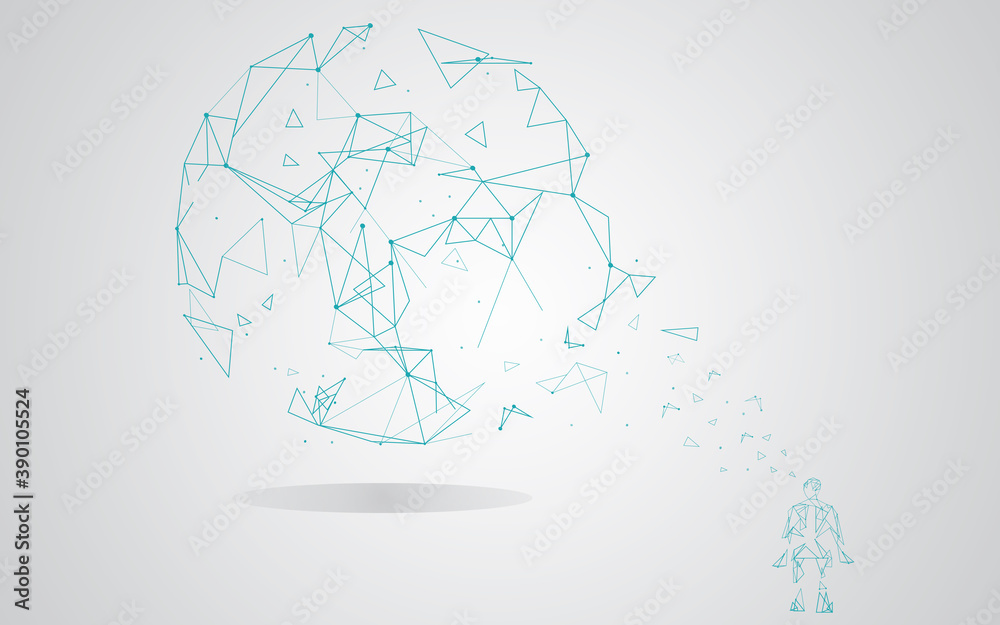 Man integrates into the global network using artificial intelligence isolated on gray background. For ai vector design and low poly. Abstract concept vector Man integrates into the global network using artificial intelligence isolated on gray background. For ai vector design and low poly. Abstract concept vector
