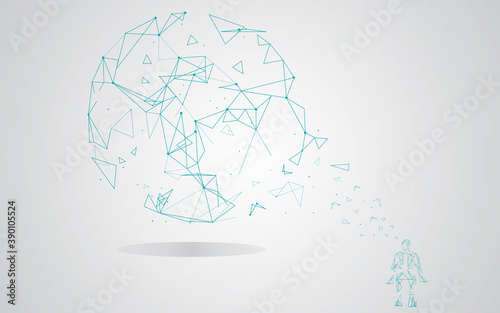 Man integrates into the global network using artificial intelligence isolated on gray background. For ai vector design and low poly. Abstract concept vector