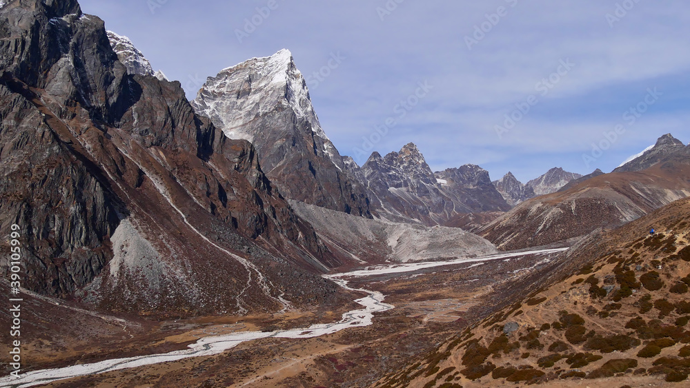 Beautiful panorama view of a sparse valley at high altitude between Dingboche and Lobuche on Everest Base Camp Trek with mighty snow-covered craggy mountains in the Himalayas, Nepal. Beautiful panorama view of a sparse valley at high altitude between Dingboche and Lobuche on Everest Base Camp Trek with mighty snow-covered craggy mountains in the Himalayas, Nepal.