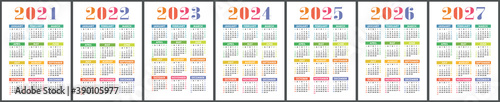 Calendar 2021, 2022, 2023, 2024, 2025, 2026 and 2027. English colorful vector set. Vertical wall or pocket calender template. Design collection. New year. Week starts on Sunday