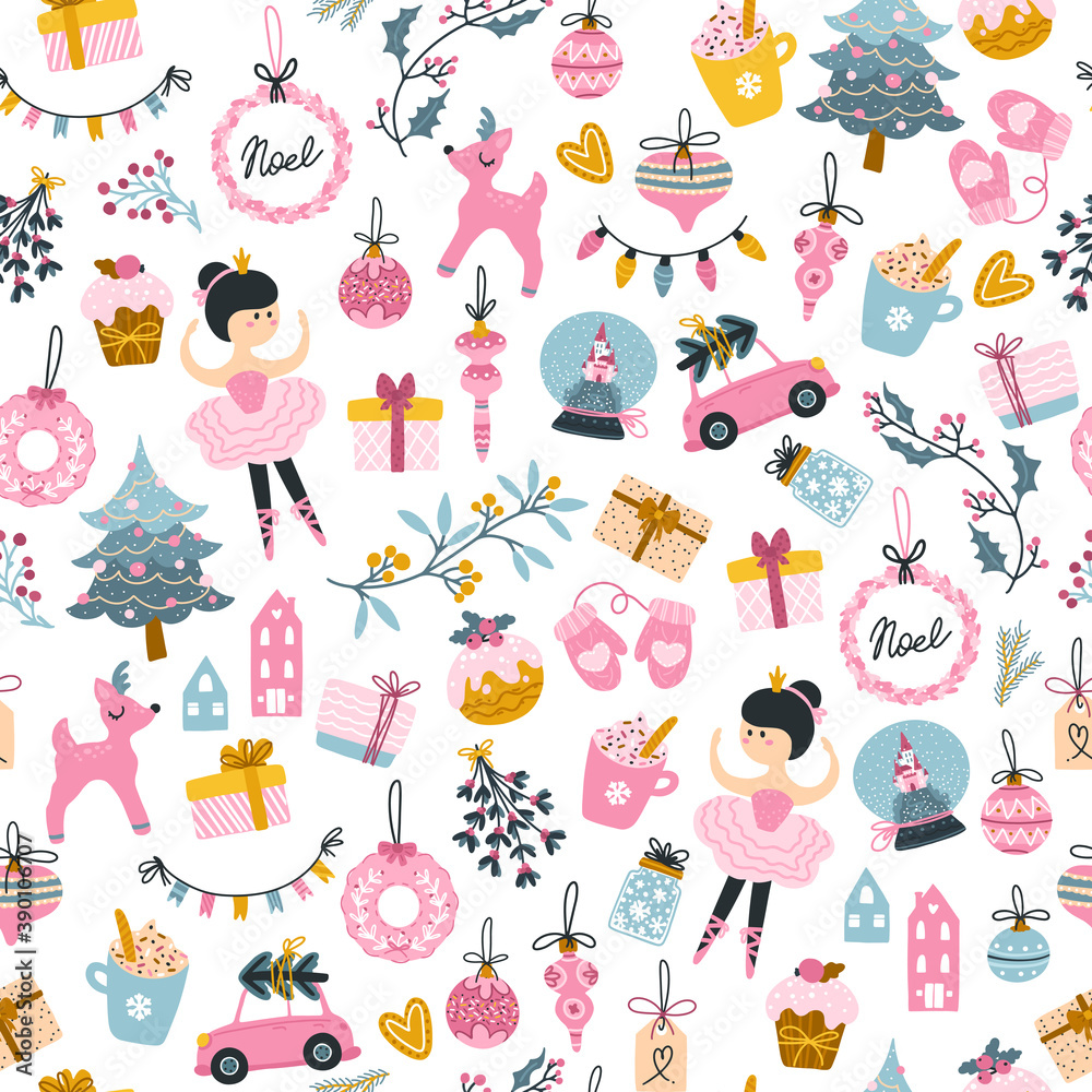 Christmas tree, ballerina, and gifts boxes seamless pattern. Holiday details Vector illustration in childish hand-drawn Scandinavian style. Limited pink pastel palette perfect for girly print