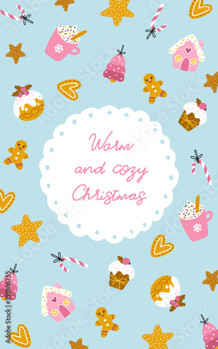 Christmas card with sweets. Vector hand-drawn illustration of cupcakes, gingerbread cookies of different shapes and shapes, decorated for the holidays. Cute Pastel Palette