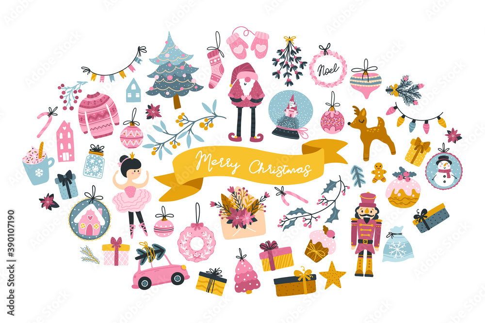 Big Christmas set greeting card with cute characters and festive elements in the shape of an oval, in a childish hand-drawn Scandinavian style with lettering. Pastel palette.