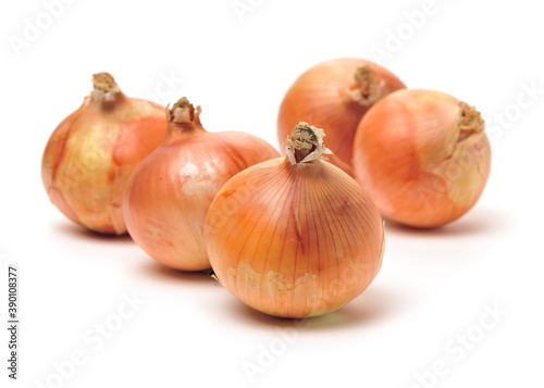 Gold onion vegetable bulbs on white background