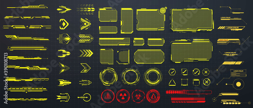 Large set of frames, circles and arrows in a futuristic style. Set of Sci Fi Modern User Interface Elements. Callouts titles and screen futuristic frame in HUD style. Vector illustration HUD, GUI, UI