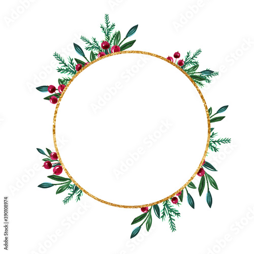Watercolor winter Christmas wreath with berries and gold geometric frame
