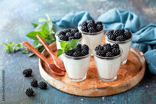 Coconut Panna Cotta with fresh blackberries in glass, selective focus