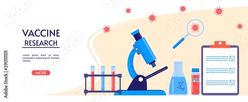 Medical or laboratory research. Testing of vaccine of coronavirus. Laboratory tools vaccine research. Landing page with microscope, test tubes, flask and magnifying glass. Flat vector illustration.