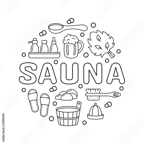 Sauna, graphic round emblem for label, print, poster with text. Black line art illustration of wooden tub, ladle, hat, broom, beer mug, brush, soap, slippers. Contour isolated vector, white background