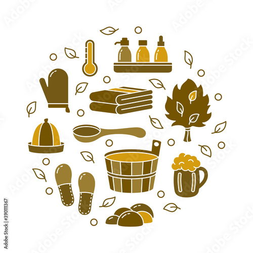 Bath or sauna set, color round template for spa emblem, label, print, poster. Brown outline illustration of wooden tub, ladle, hat, broom, beer mug, brush. Cutout silhouette vector, white background