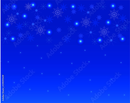 Abstract blue lights with soft light background illustration. Luminous stars. Snowflakes on a blue background. Christmas gradient background. Different snowflakes. Christmas background.