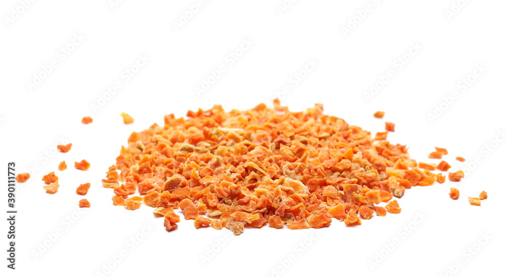 Dry chopped carrot pieces, vegetable slices isolated on white background Dry chopped carrot pieces, vegetable slices isolated on white background