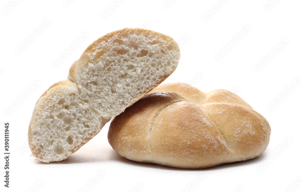 Kaiser roll bread with sliced half isolated on white background