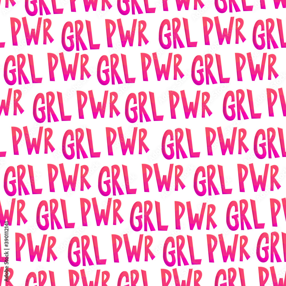 Obraz premium Grl pwr pink seamless pattern. Women movement typographic background. Feminist quote girl print. Girl power feminism slogan. Comic style girly lettering vector illustration.
