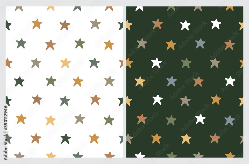 Funny Starry Seamless Vector Pattern. Cute Hand Drawn Green, Gold, Yellow and Gray Stars Isoleted on Dark Green and White Background. Infantile Style Abstract Starry Print ideal for Fabric, Textile. Funny Starry Seamless Vector Pattern. Cute Hand Drawn Green, Gold, Yellow and Gray Stars Isoleted on Dark Green and White Background. Infantile Style Abstract Starry Print ideal for Fabric, Textile.