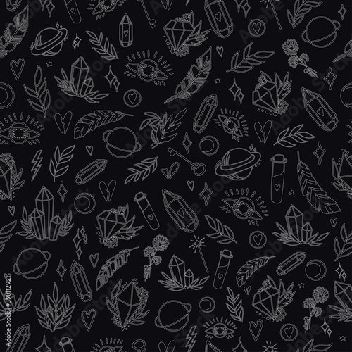 Mystical vector seamless pattern with hand-drawn magical and occult illustrations. Magic elements. Graphic background in vintage style. White elements on black background, chalk on board