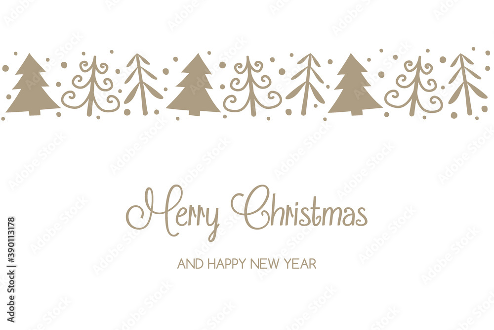Christmas greeting card with hand drawn trees. Vector