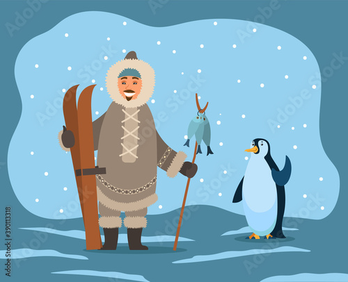 Eskimos wearing warm coat and clothes protection from frost and cold of winters. Inuit with skiing equipment and fish on stick. Penguin waving wing. Polar landscape with snowing weather vector