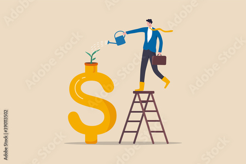 Growth investment, saving and financial prosperity, money increase or profit from growing business concept, businessman investor watering sprout or seedling plant growing from golden dollar sign.
