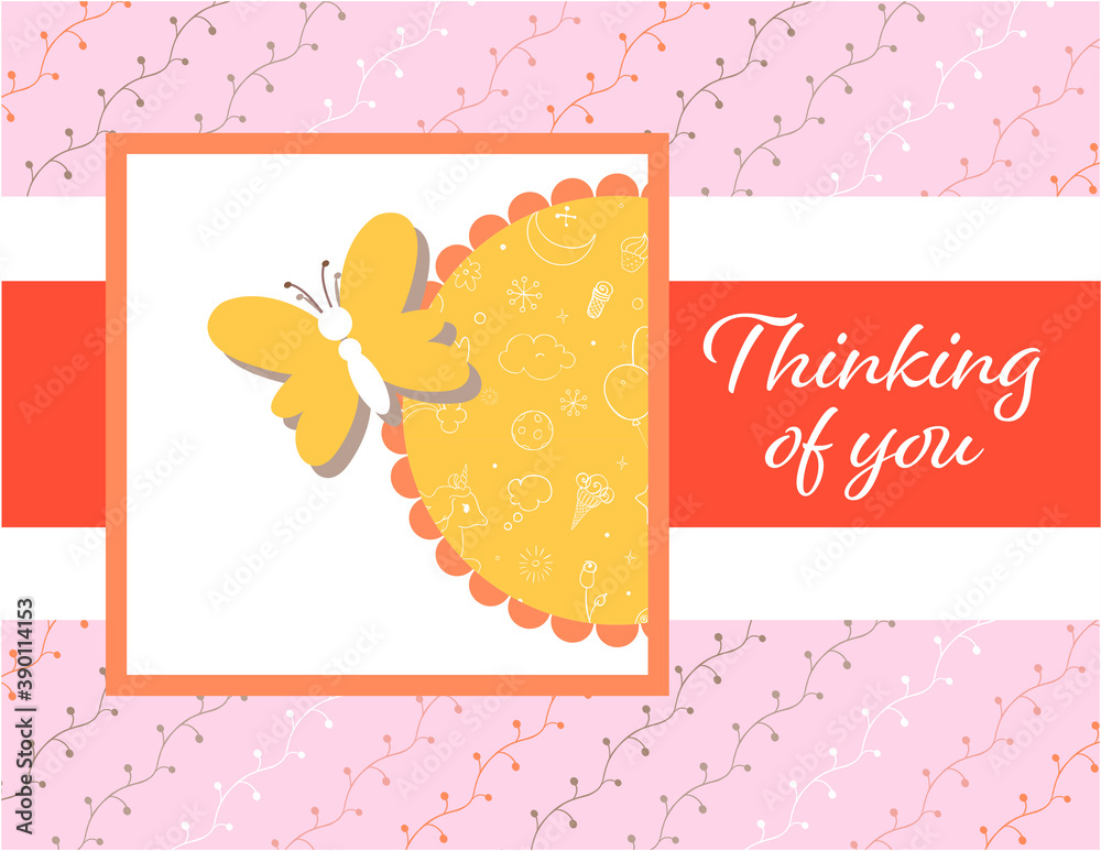 Design template for cute think of you card . Template for scrapbooking with hand drawn doodle patterns. For birthday, anniversary, party invitations. Vector Design template for cute think of you card . Template for scrapbooking with hand drawn doodle patterns. For birthday, anniversary, party invitations. Vector