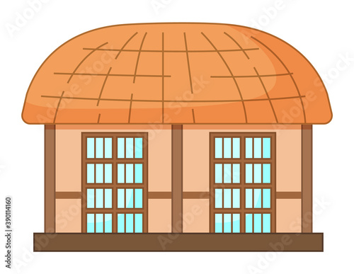 Thatched house, traditional house of Jeju island, stone house or building with thatched roof, isolated korean symbol, seongeup folk village, popular place for visiting tourists in South Korea