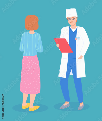 Flat illustration of medicine service. Doctor is talking to a woman patient. Medical specialist holds clipboard in his hands. The therapist announces diagnosis to the patient. Medical checkup