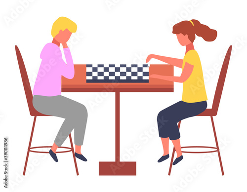 Children play chess. A girl and a boy play an intellectual game. The development of logical thinking. Learning and entertainment. Two thinking smart players children characters playing chess