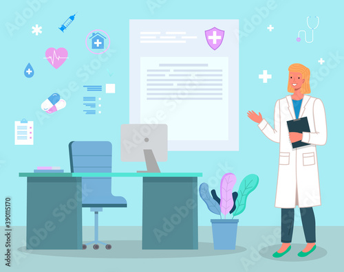Doctor woman with clipboard, anamnesis of patient standing in her medical office, table with armchair and plant, computer, icons of syringe, heart, cardiogram, capsules, medical insurance, flat style