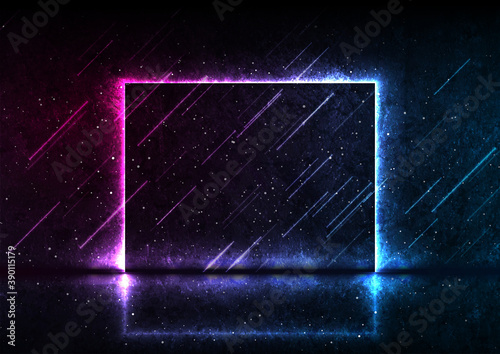 Blue purple neon laser square frame abstract technology retro grunge background. Futuristic glowing graphic vector design