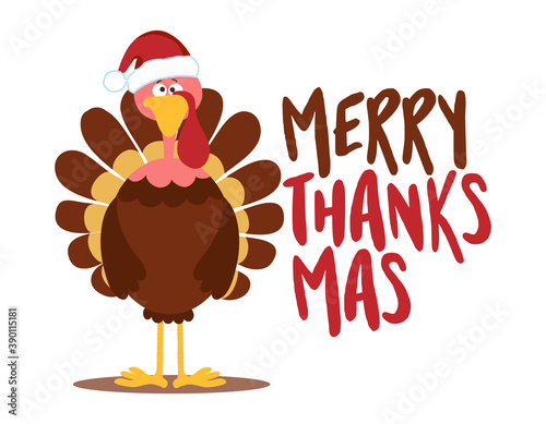 Merry Thanksmas (Merry Christmas and Happy Thanksgiving 2 in one) Autumn color poster with cute Turkey cartoon. Good for posters, greeting cards, banners, textiles, gifts, shirts, mugs.