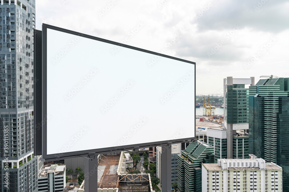 Blank white road billboard with Singapore cityscape background at day time. Street advertising poster, mock up, 3D rendering. Side view. The concept of marketing communication or sell idea. Blank white road billboard with Singapore cityscape background at day time. Street advertising poster, mock up, 3D rendering. Side view. The concept of marketing communication or sell idea.