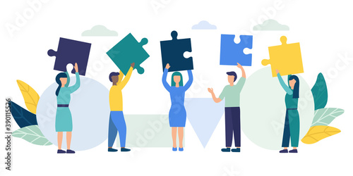 People connect the parts of the puzzle. Business concept of teamwork. Successful cooperation and partnership. Team building, increasing the efficiency of employees. vector flat illustration
