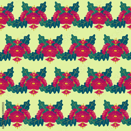 Floral seamless pattern on light-green background. Bright background with red-green flowers.