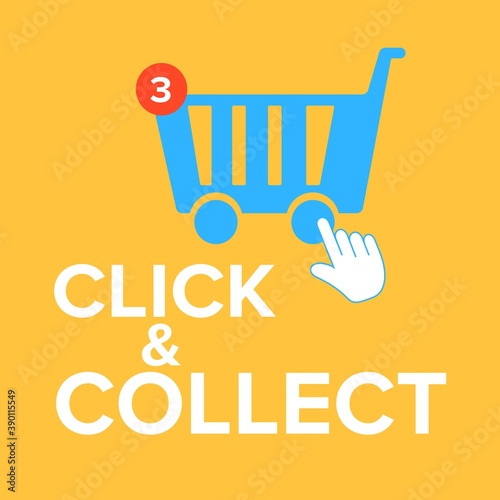 Click and Collect concept. E-commerce click and collect online ordering service symbol. Shopping bag. Shopping cart.