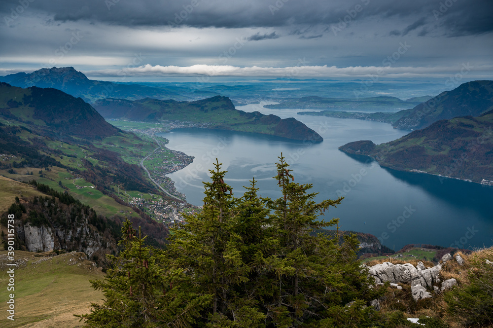 view from Niederbauen over Bürgenstock in direction of Lucerne on a rainy autumn day