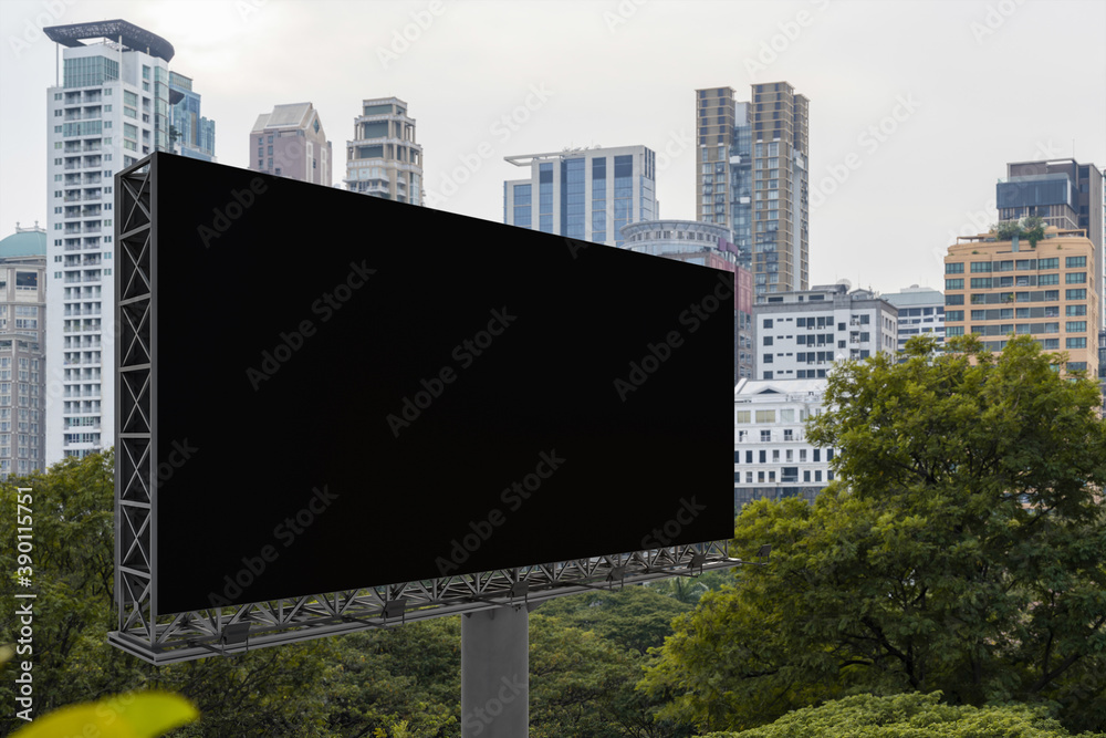 Blank black road billboard with Bangkok cityscape background at day time. Street advertising poster, mock up, 3D rendering. Side view. The concept of marketing communication to promote or sell idea. Blank black road billboard with Bangkok cityscape background at day time. Street advertising poster, mock up, 3D rendering. Side view. The concept of marketing communication to promote or sell idea.