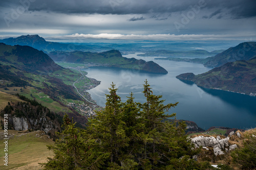 view from Niederbauen over Bürgenstock in direction of Lucerne on a rainy autumn day © schame87