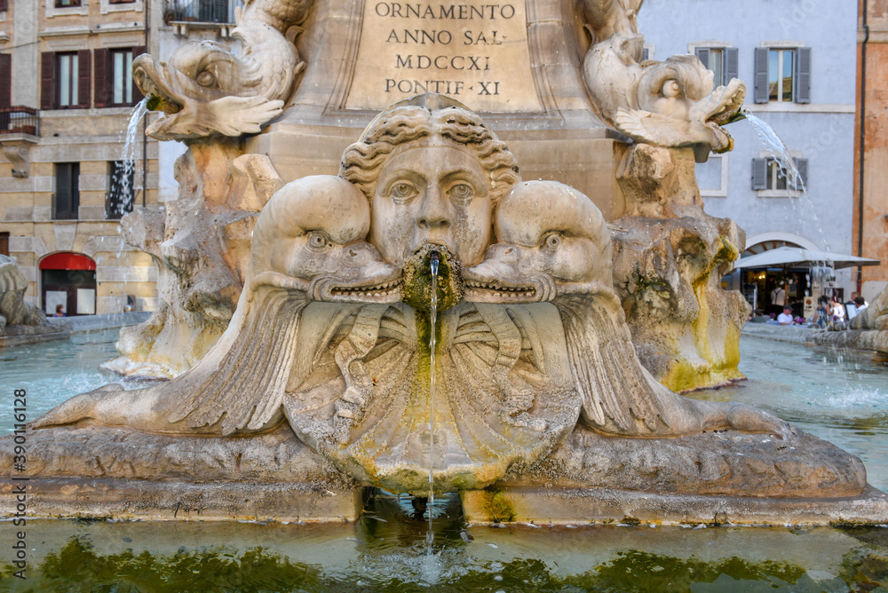 Detail of the fountain on Pantheon square at Rome in Italy
