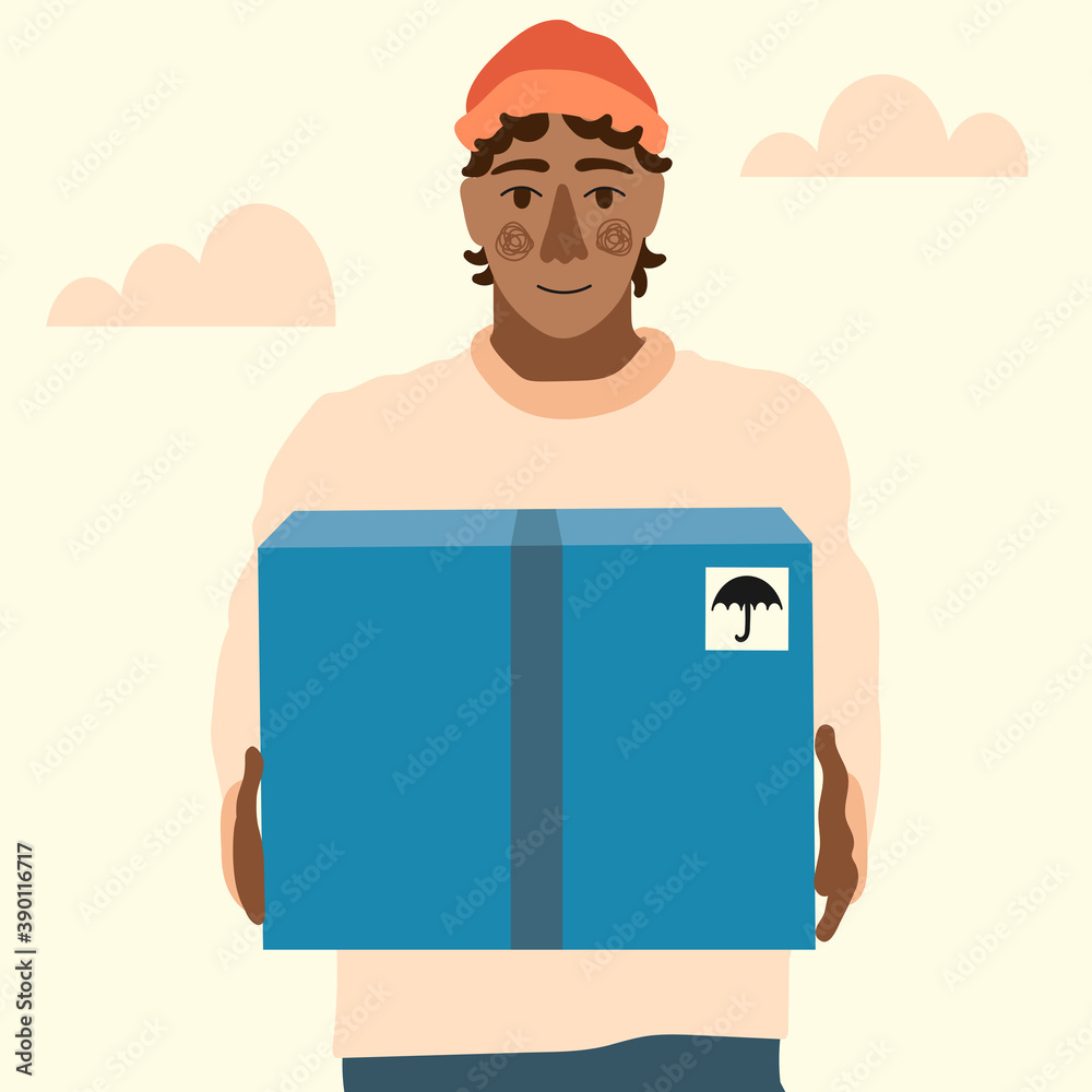 Delivery man holding delivery boxes, food, etc. Hand drawn illustration in modern, trendy colors. Delivery servise concept. Delivery man holding delivery boxes, food, etc. Hand drawn illustration in modern, trendy colors. Delivery servise concept.
