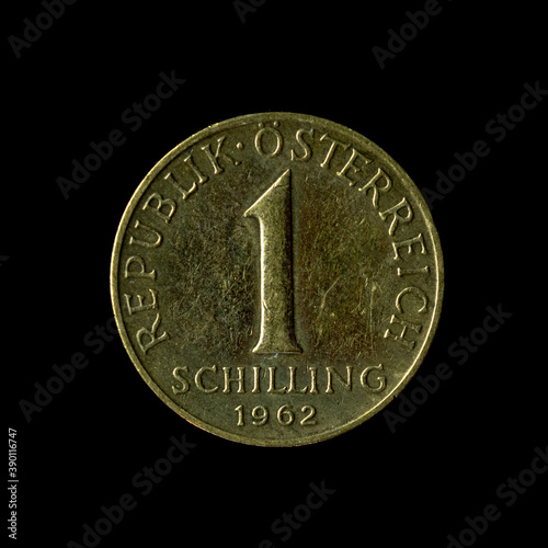 1962 Austrian One Schilling coin isolated on the black background