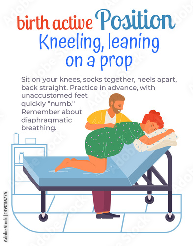 Pregnant woman with big belly knee-elbow pose preparing for childbirth. Husband or doctor helps woman. Inscription birth active position, kneeling, leaning on prop. Lying-in Instructions of position
