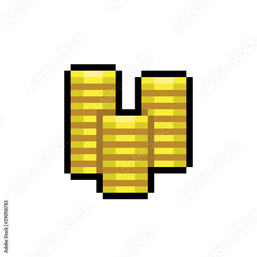 Many gold coins pixel art. Vector picture.