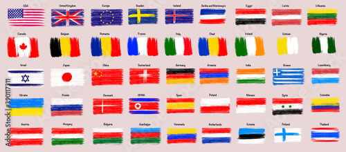 Collection of popular world flags, brush strokes painted flags, grunge flags, isolated on white background, vector illustration.