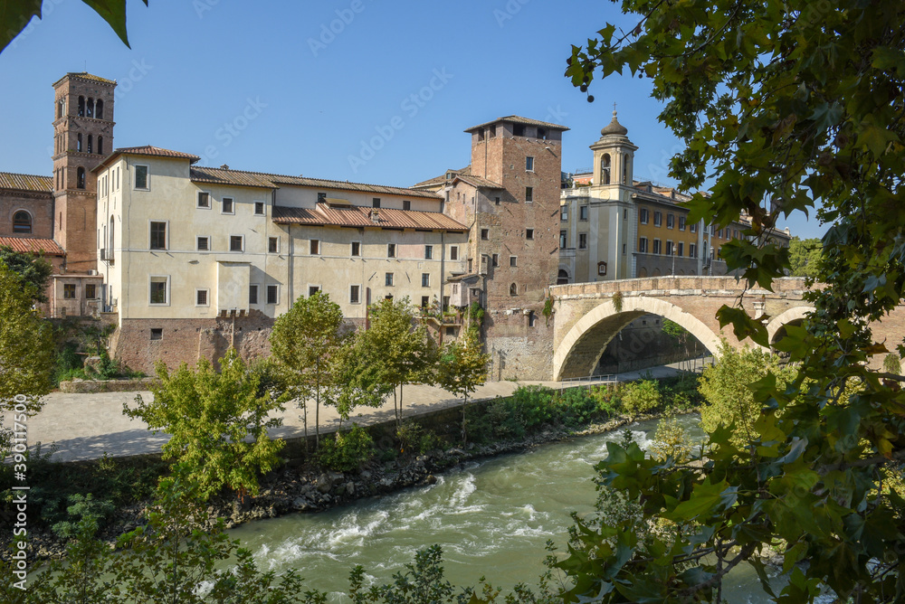 View at river Tevere and his island at Rome on Italy