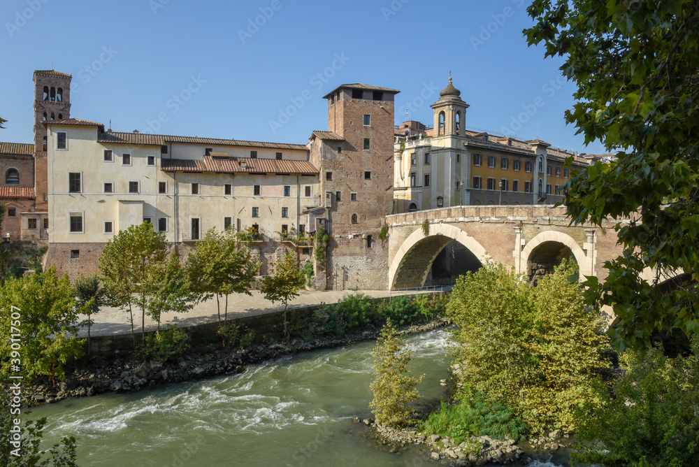 View at river Tevere and his island at Rome on Italy