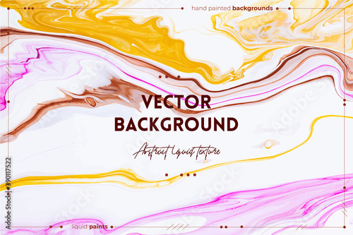 Fluid art texture. Background with abstract mixing paint effect. Liquid acrylic picture with flows and splashes. Mixed paints for website background. Pink, white and yellow overflowing colors