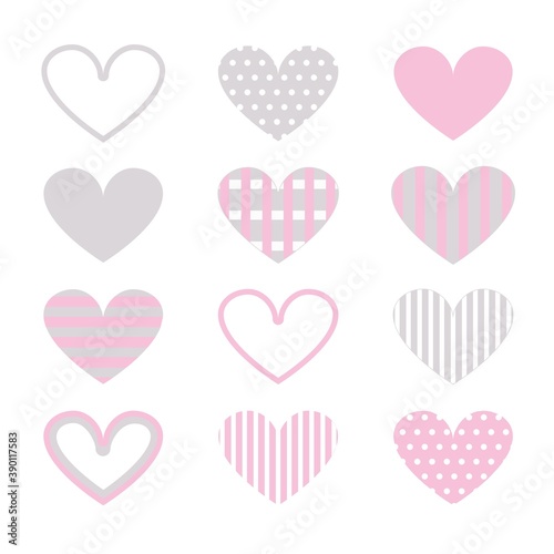 Vector set of textures hearts in pale pink and gray colors. Elements for desing card  children patterns