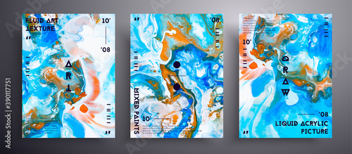 Abstract vector banner, texture set of fluid art covers. Trendy background that can be used for design cover, invitation, flyer and etc. Blue, white and orange unusual creative surface template