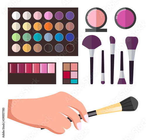 Set of decorative cosmetics palette with shadows, blush, lipstick. Female elegant hand with makeup brush. Set of eyeshadows in a round packaging container. Makeup brushes varieties. Flat vector image