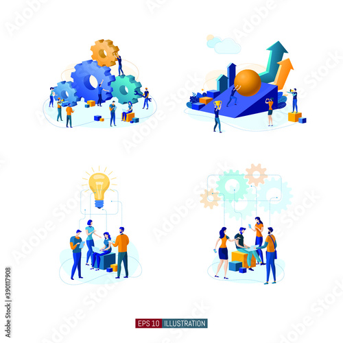 Trendy flat illustration set. Teamwork metaphor concept. Office workers planing business mechanism, analyze business strategy and exchange ideas. Template for your design works. Vector graphics.